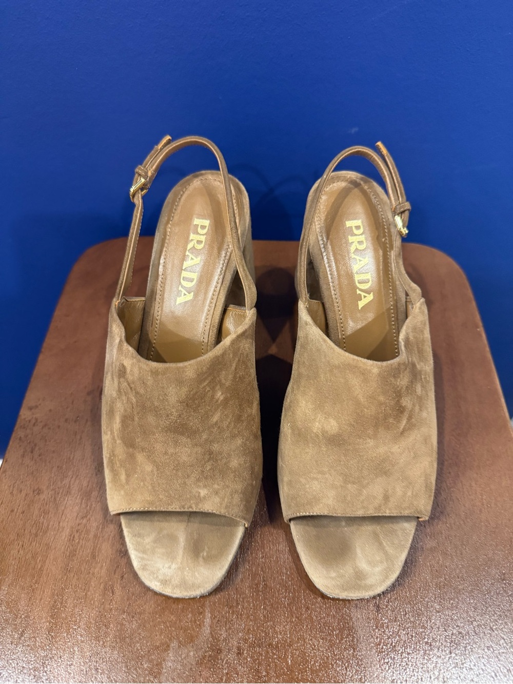 Prada Tan Suede Open-Toe Slingback Mules